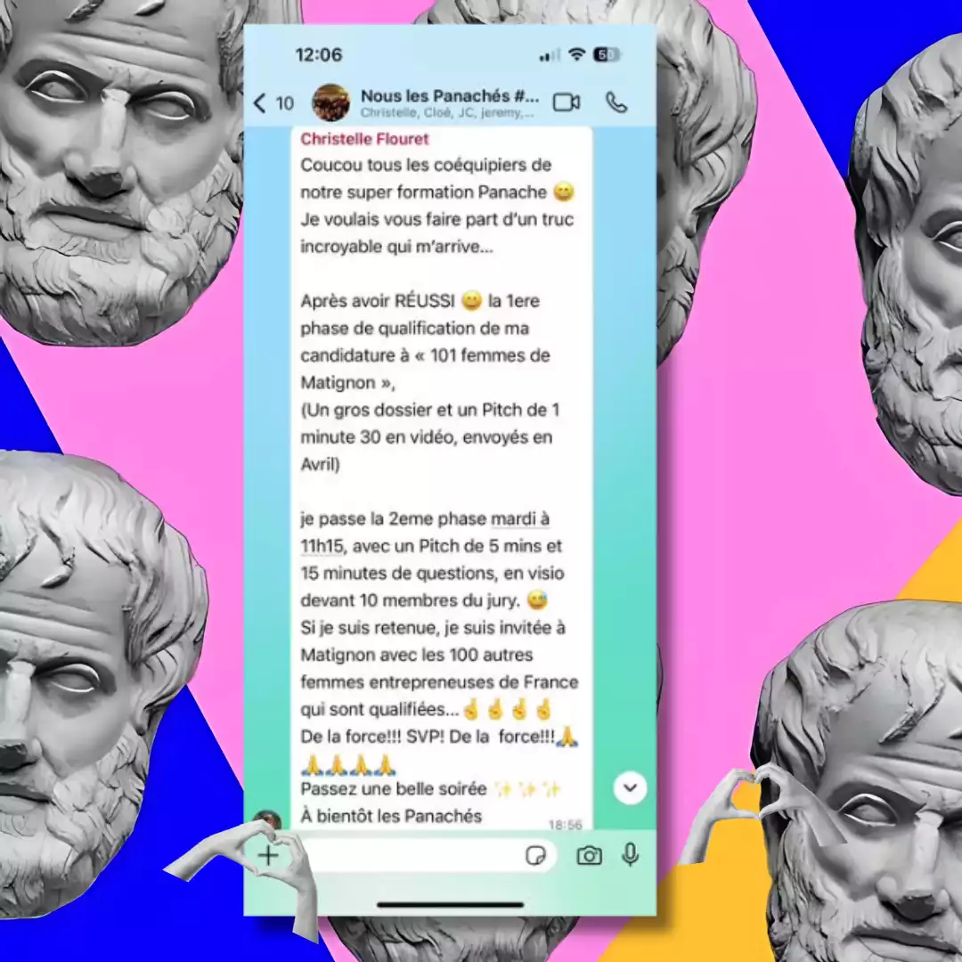 Capture d'écran de la discussion de la promo de Christelle pour sa prise de parole