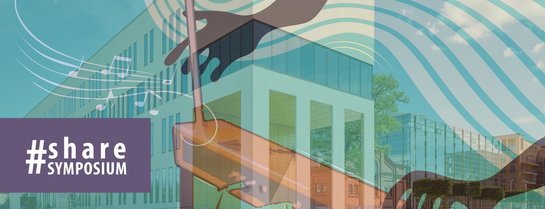 En grafisk bild som visar två händer som spelar på ett instrument som kallas för Theremin. Runt händerna är det böljande noter. 