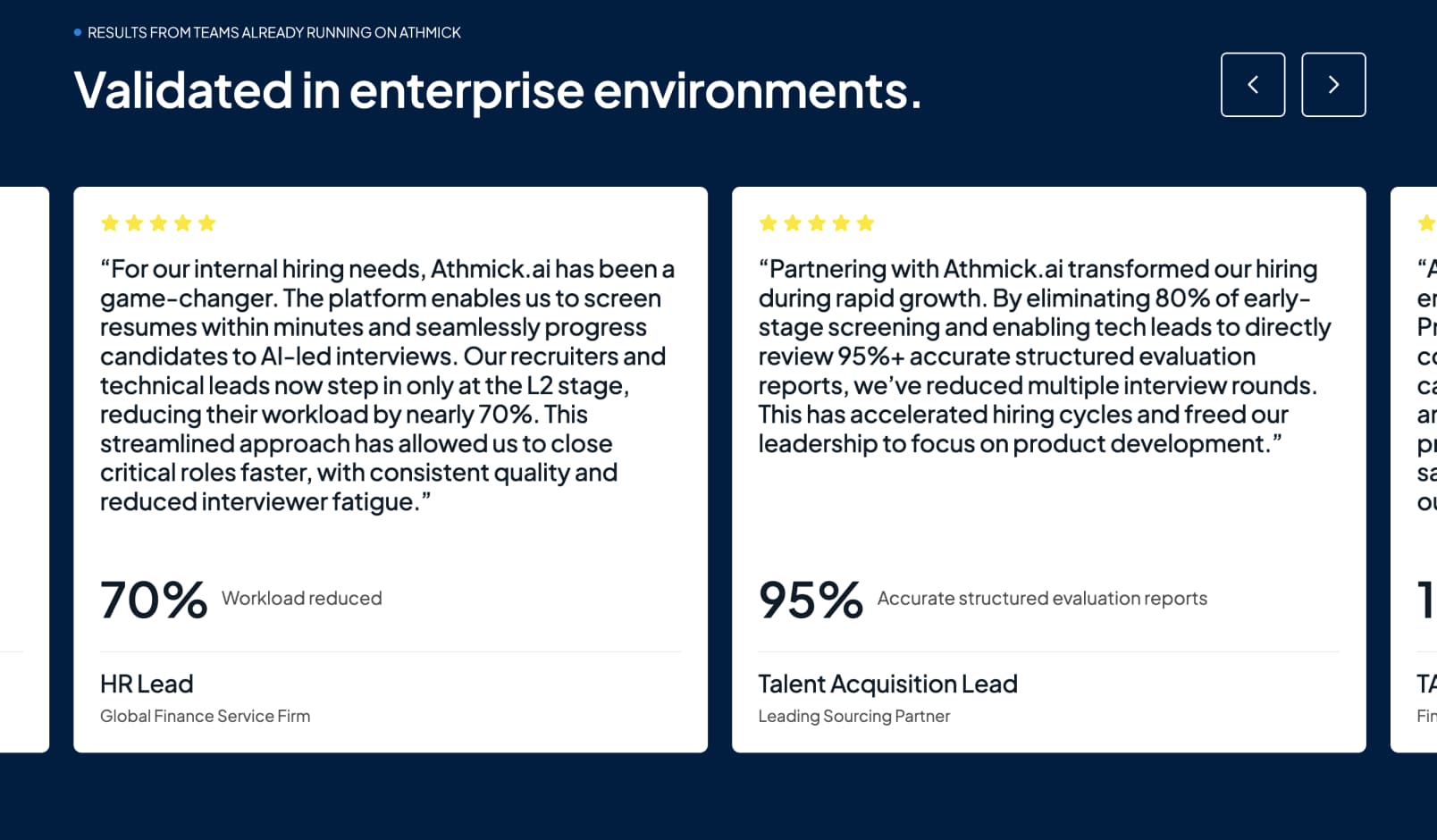 Athmick customer testimonials carousel showing enterprise results: 70% recruiter workload reduced and 95% accurate evaluation reports