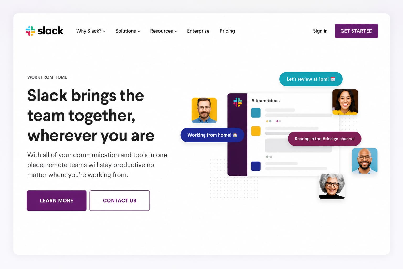 Slack homepage hero section with the headline "Slack brings the team together, wherever you are" and a product UI illustration showing remote team collaboration.