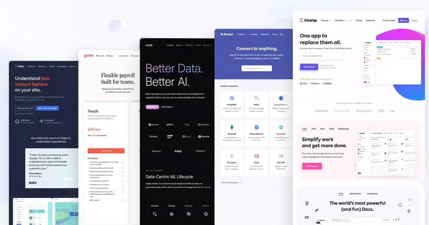A collage of five SaaS product landing pages including Hotjar, Gusto, Scale AI, Retool, and ClickUp, showcasing modern B2B web design styles.