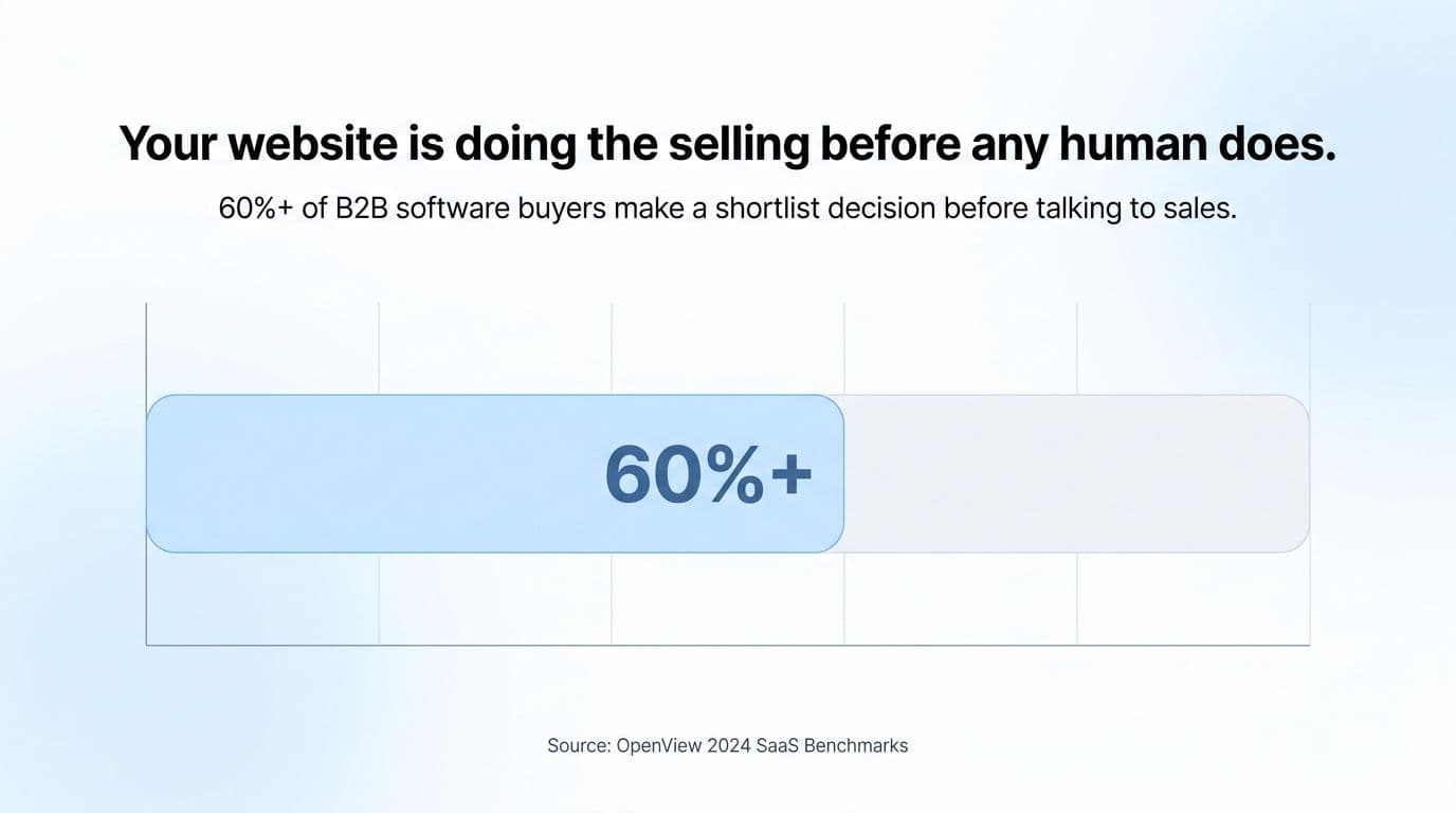 A bar chart showing that 60%+ of B2B software buyers make a shortlist decision before talking to sales, sourced from OpenView 2024 SaaS Benchmarks.