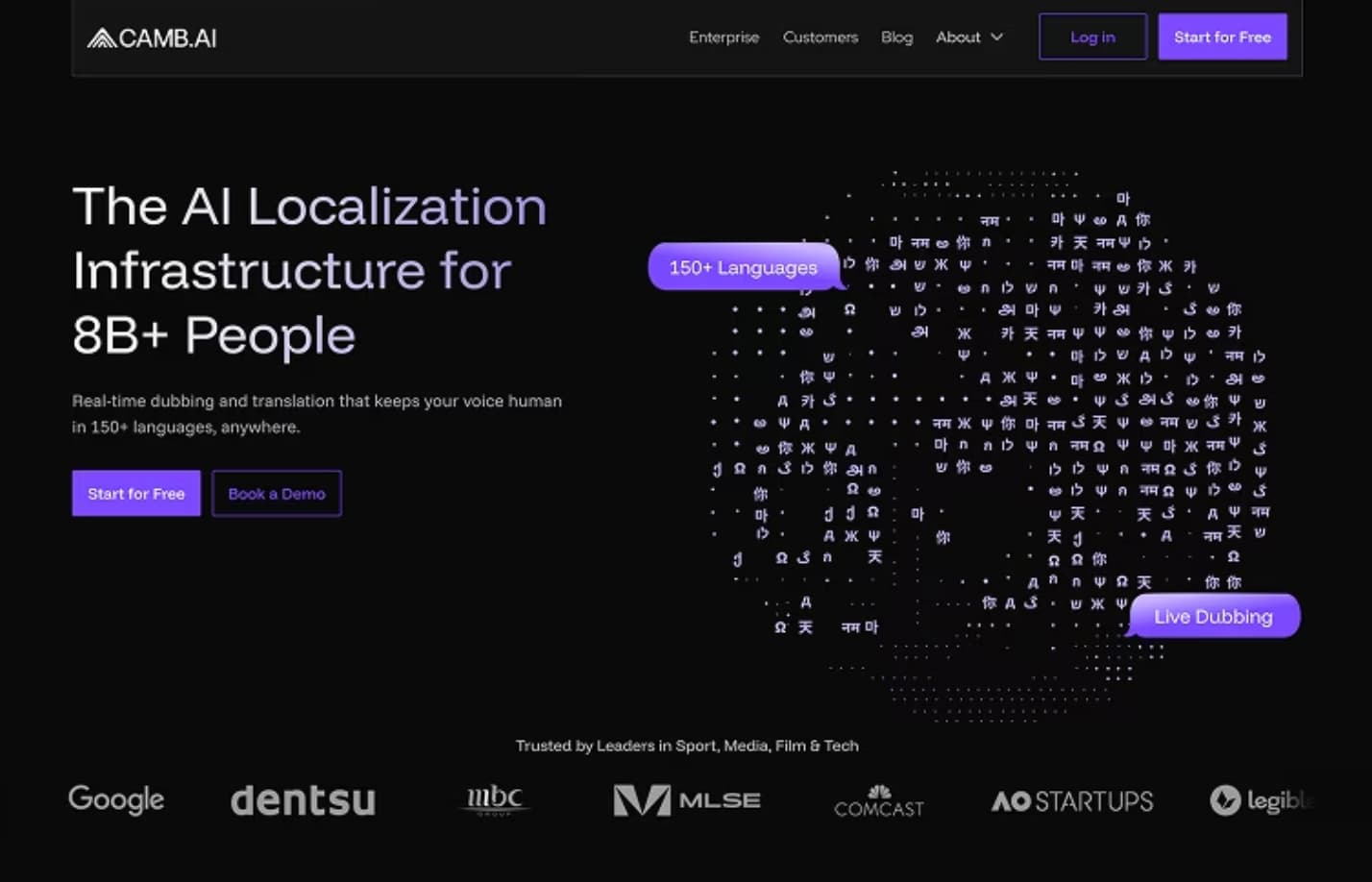 Camb.AI homepage: an AI localization platform offering real-time dubbing and translation in 150+ languages, trusted by Google, Comcast, and others.