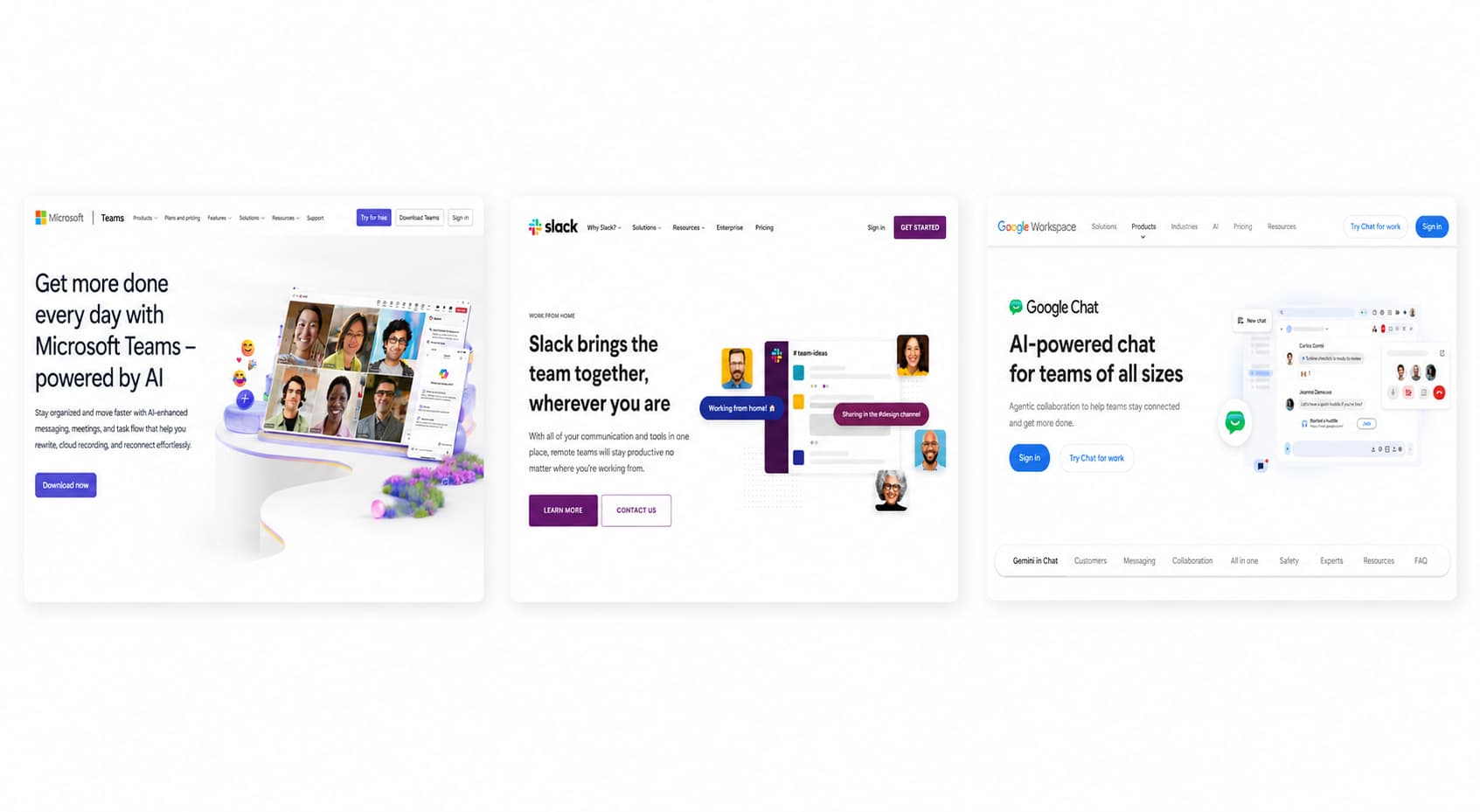 Side-by-side comparison of three team messaging platforms: Slack, Google Chat, and Microsoft Teams, showing their respective UI and homepage designs.