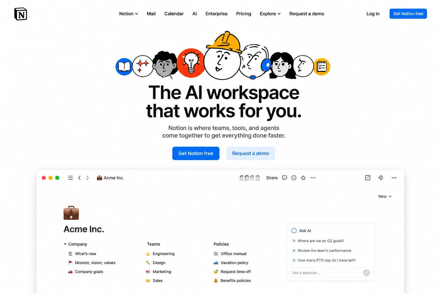 Notion homepage hero section with the headline "The AI workspace that works for you" and a product screenshot showing a company wiki with an AI assistant panel.