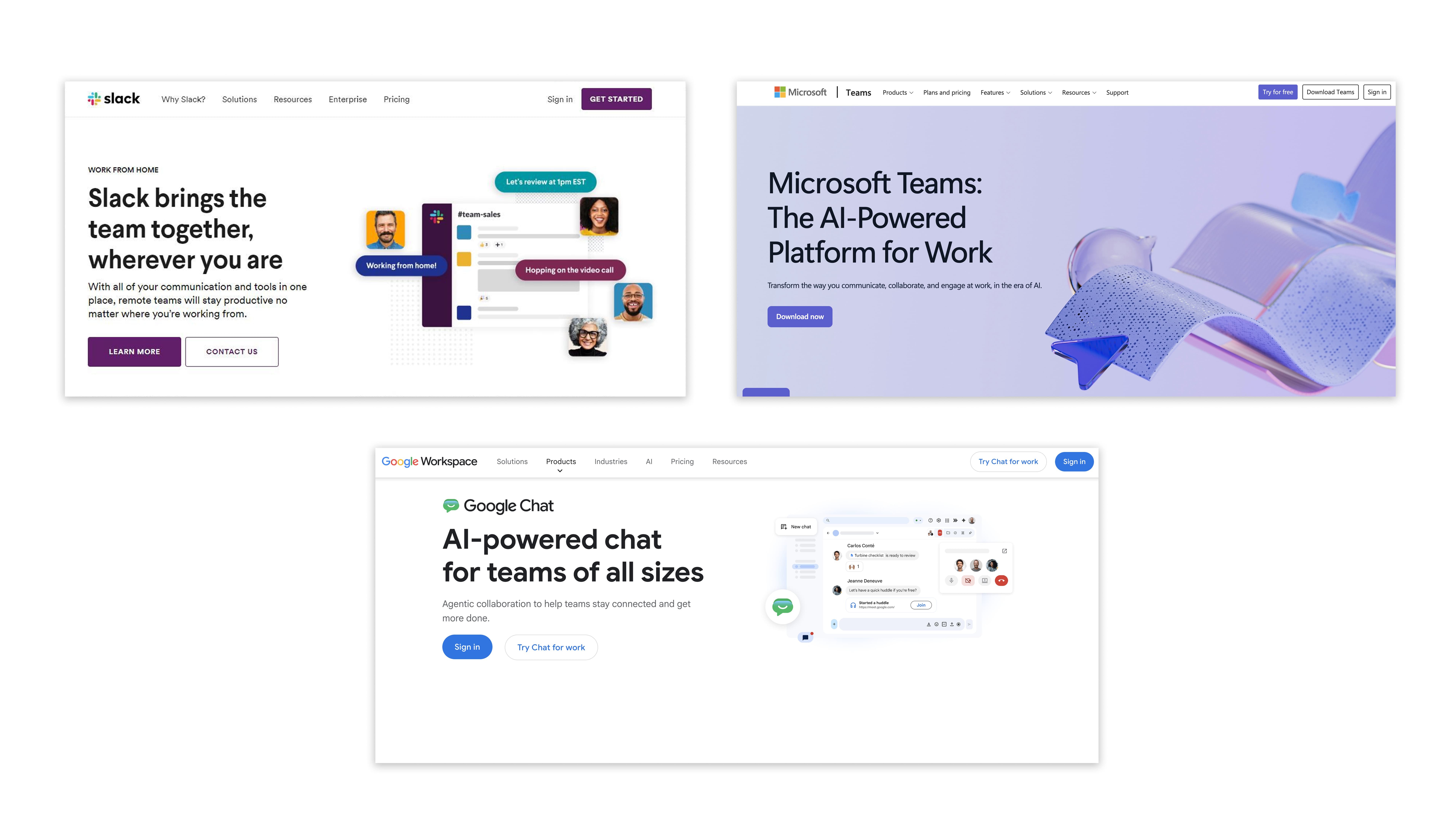 Comparison of three team messaging platforms: Slack, Google Chat, and Microsoft Teams, showing their respective UI and homepage designs.