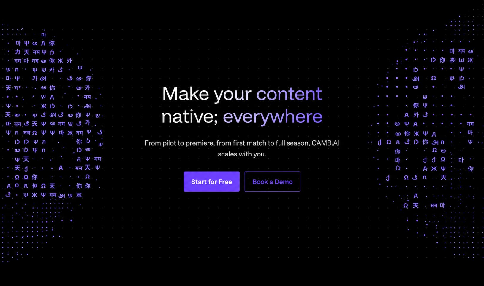CAMB.AI call-to-action banner promoting AI-powered content localisation with Start for Free and Book a Demo buttons.