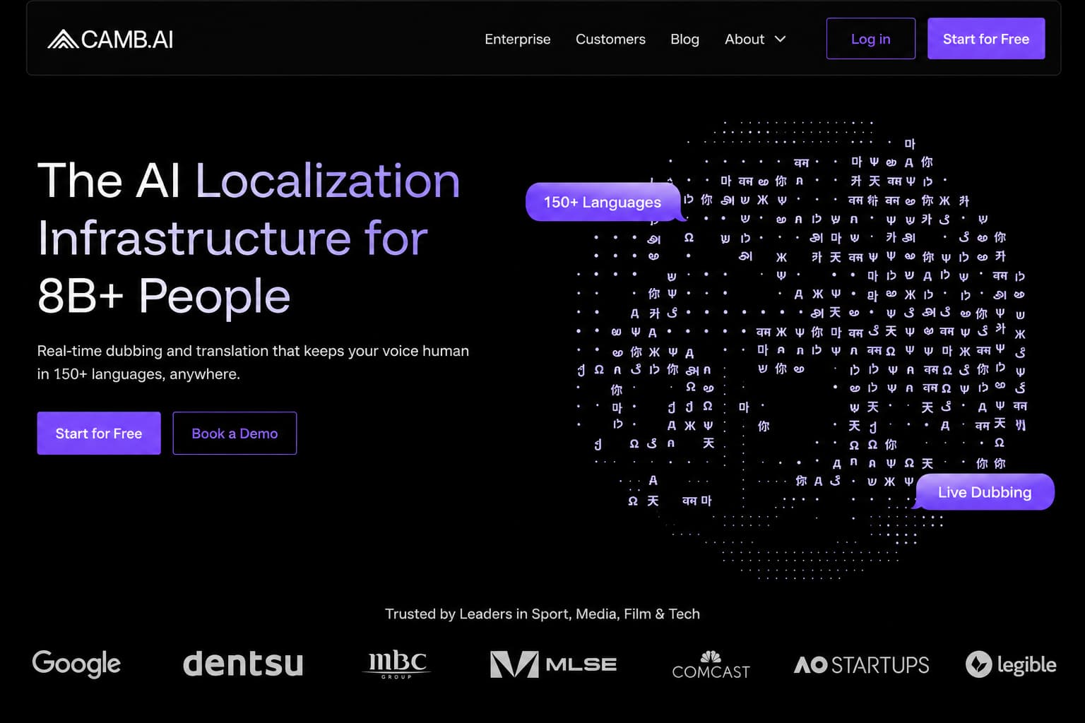 CAMB.AI homepage showcasing AI localization infrastructure with real-time dubbing and translation in 150+ languages for global content delivery.