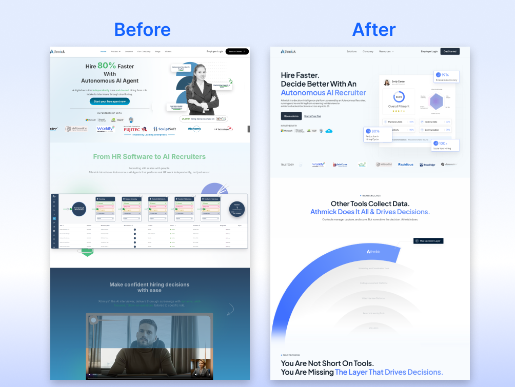 Athmick website redesign comparison: the updated version features clearer messaging, candidate scoring visuals, and a stronger value proposition around AI-powered hiring decisions.