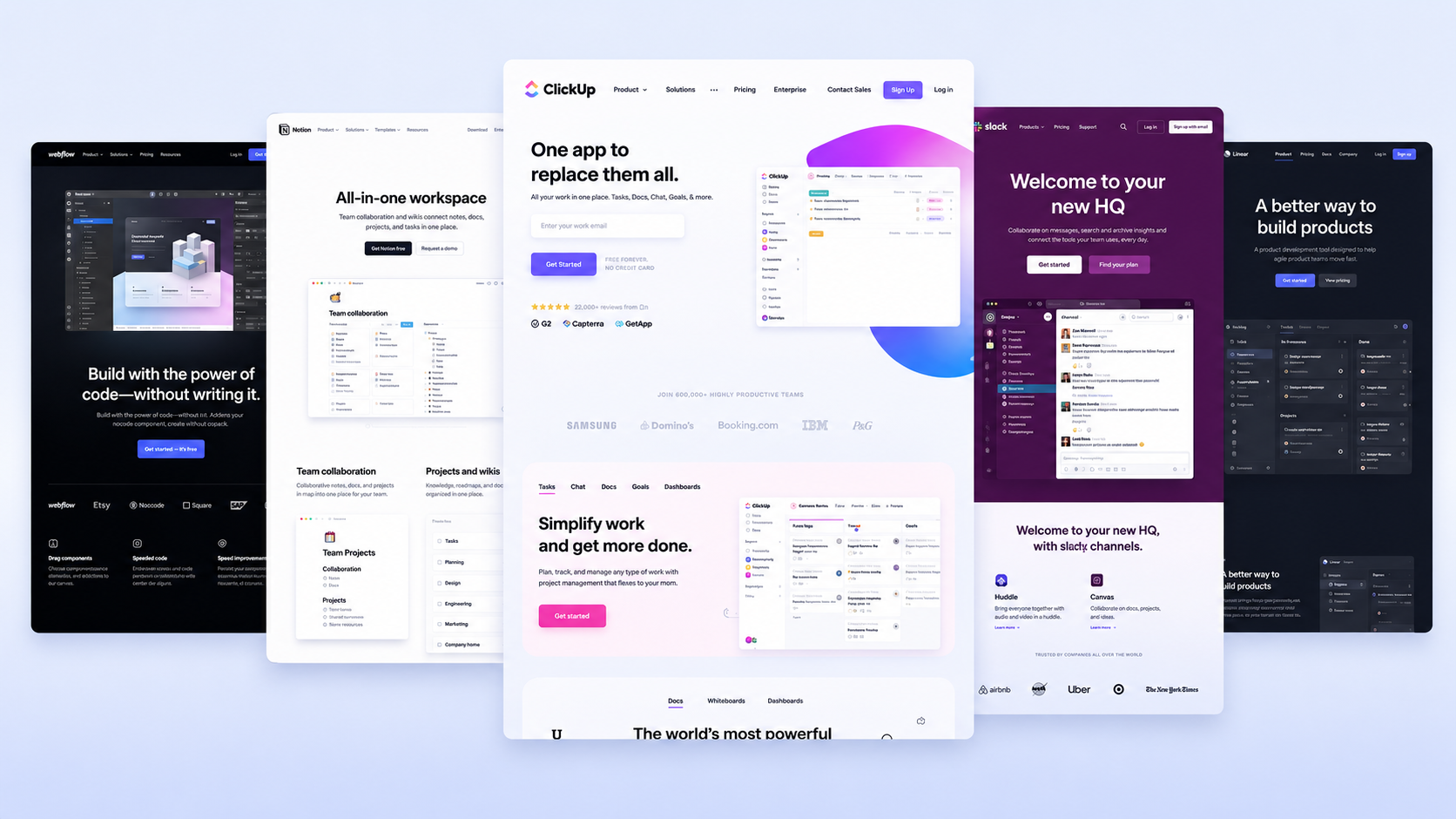 A collage of five SaaS product landing pages including Hotjar, Gusto, Scale AI, Retool, and ClickUp, showcasing modern B2B web design styles.