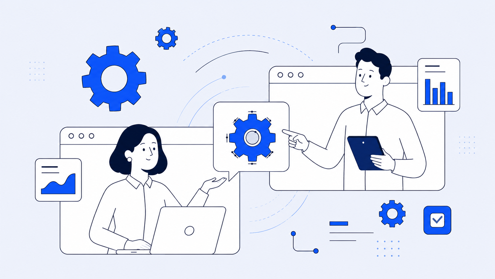 Image showing two team members collaborating on SaaS messaging and workflow optimization through connected dashboards, analytics, and automation tools.