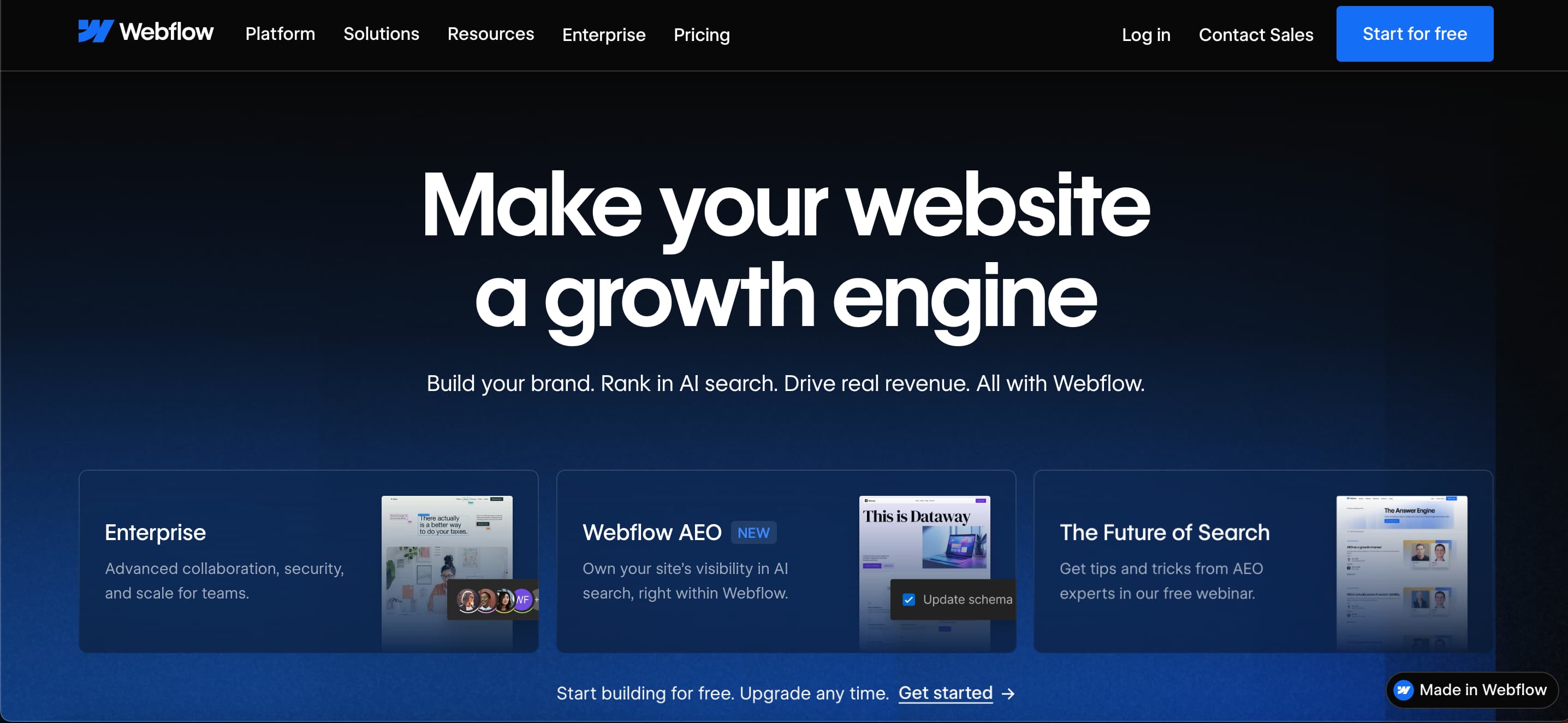 Image showing the Webflow homepage hero section with the headline “Make your website a growth engine,” highlighting website building, AI search visibility, and revenue growth.Image showing the Webflow homepage hero section with the headline “Make your website a growth engine,” highlighting website building, AI search visibility, and revenue growth.