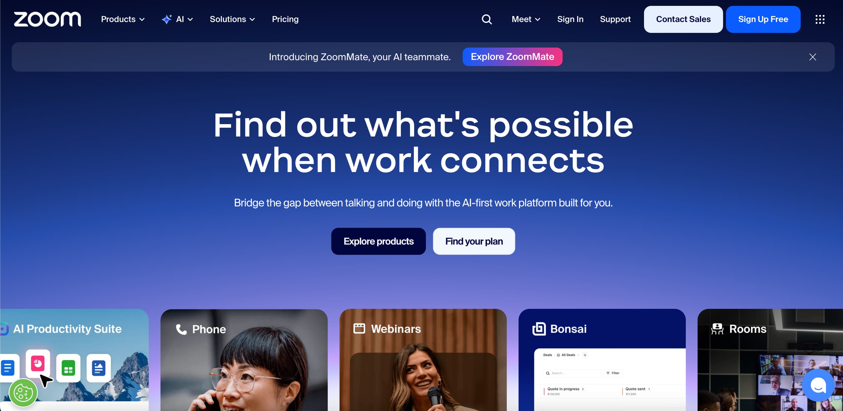 Image showing the Zoom homepage hero section with the headline “Find out what’s possible when work connects,” promoting its AI-powered workplace platform.