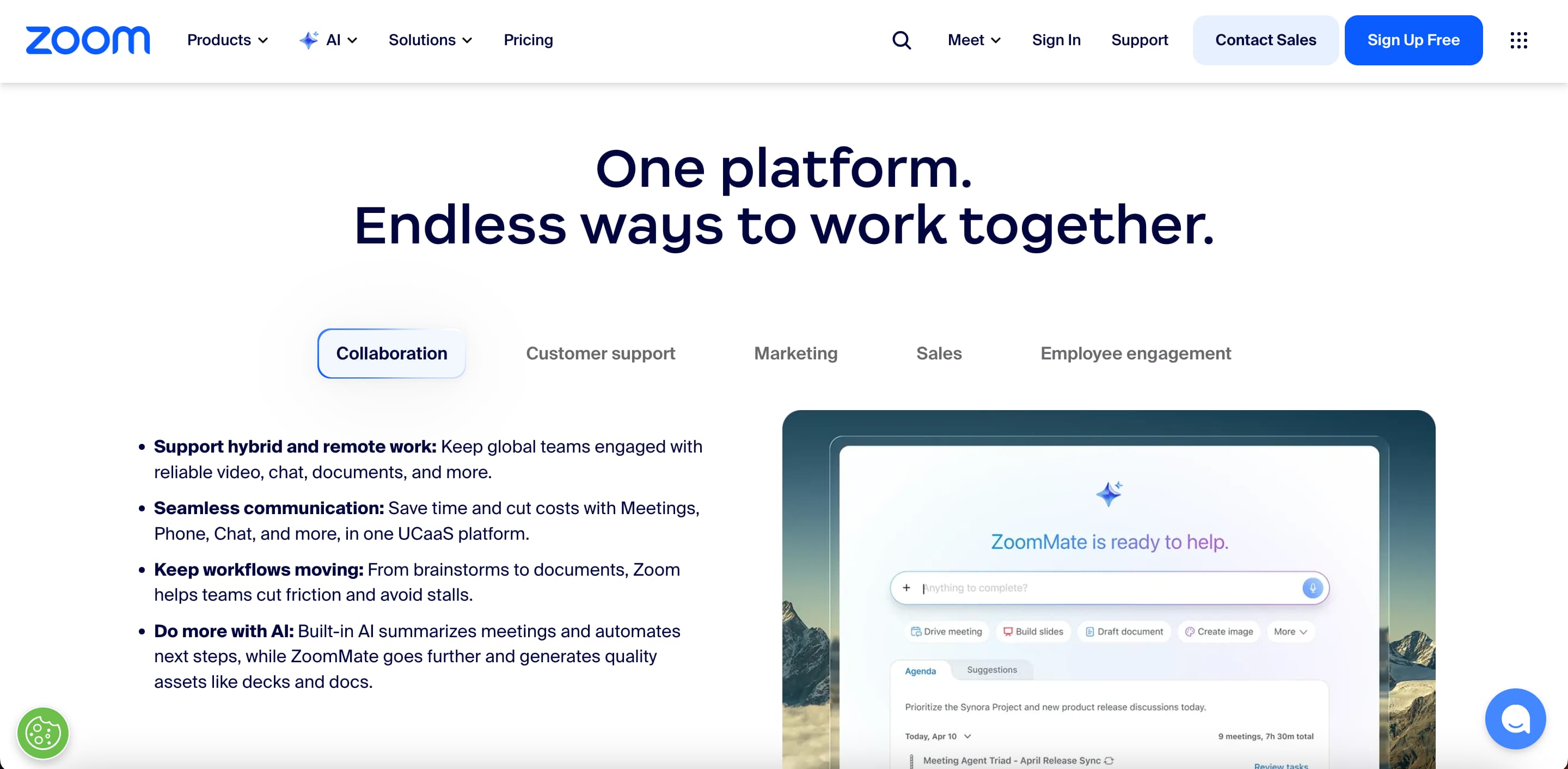 Image showing Zoom's collaboration solutions page with the headline “One platform. Endless ways to work together,” highlighting communication, teamwork, and AI-powered productivity tools.