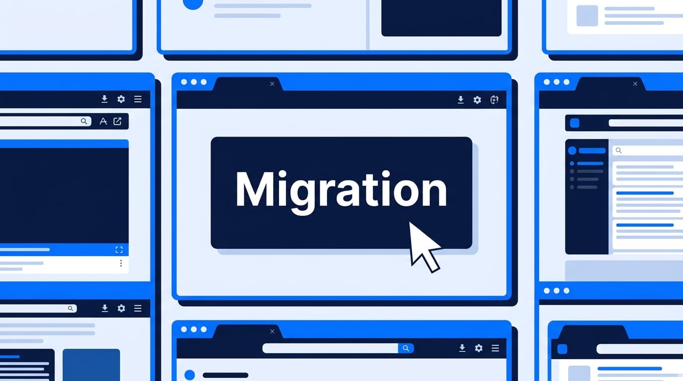Multiple overlapping browser windows with a bold "Migration" label on the center screen, representing a seamless SaaS website migration to Webflow. A white cursor points to the focal window, symbolizing a simple, guided transition process.