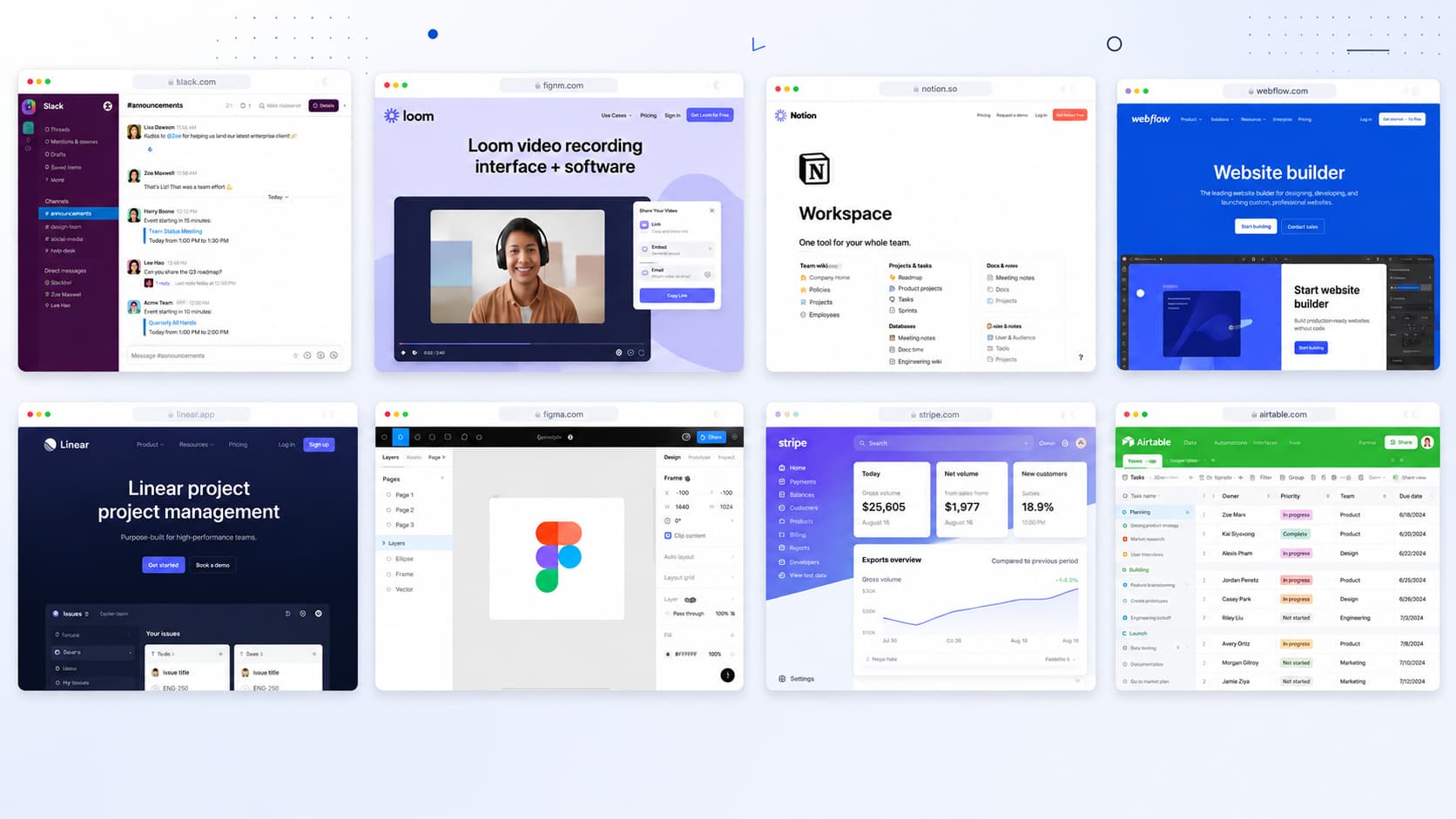 Image showing a portfolio of leading SaaS platforms, including collaboration, design, project management, and website-building tools displayed in layered browser windows.