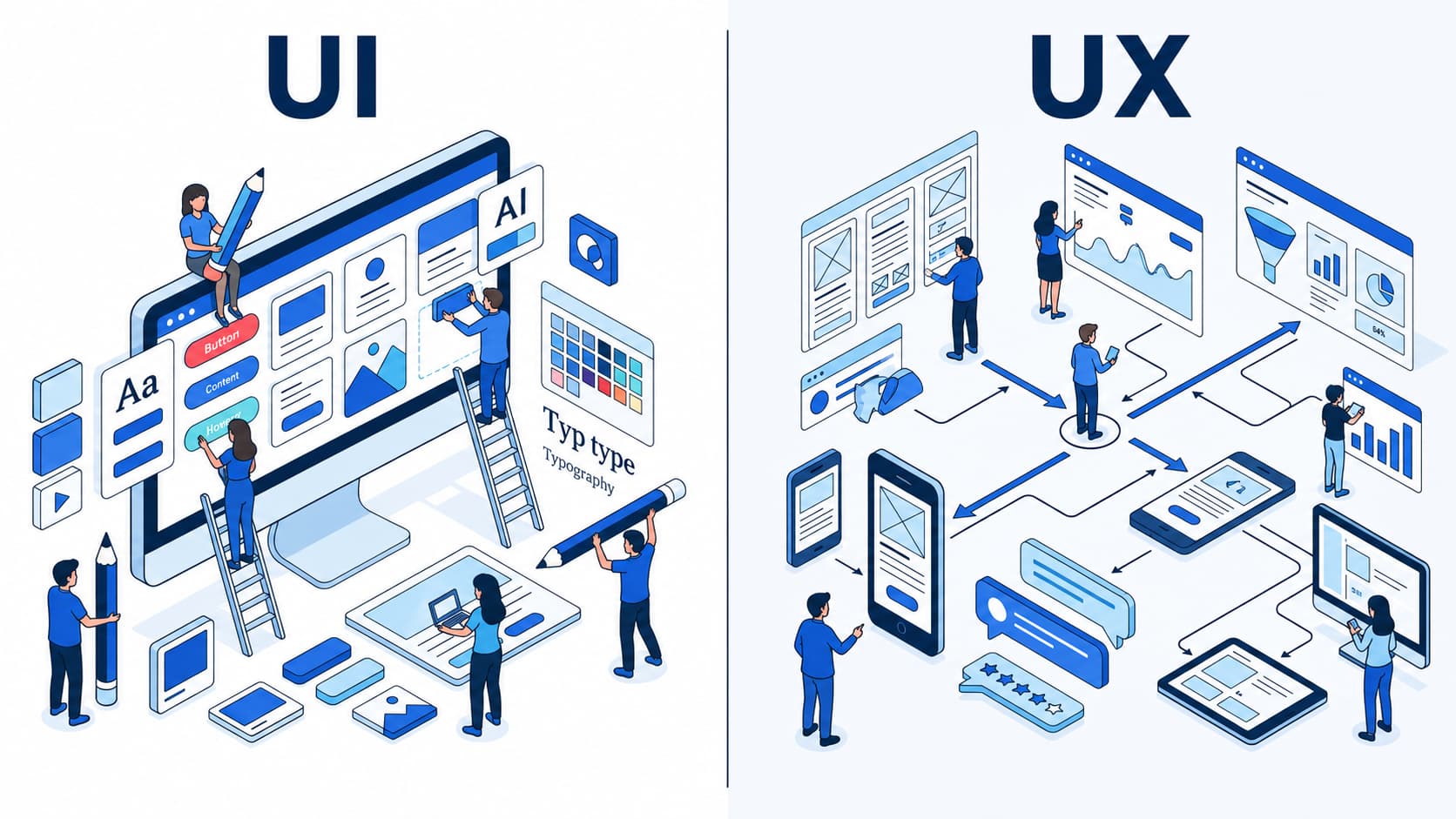UI vs UX comparison illustration showing user interface design elements alongside user experience workflows, wireframes, and customer journey mapping.
