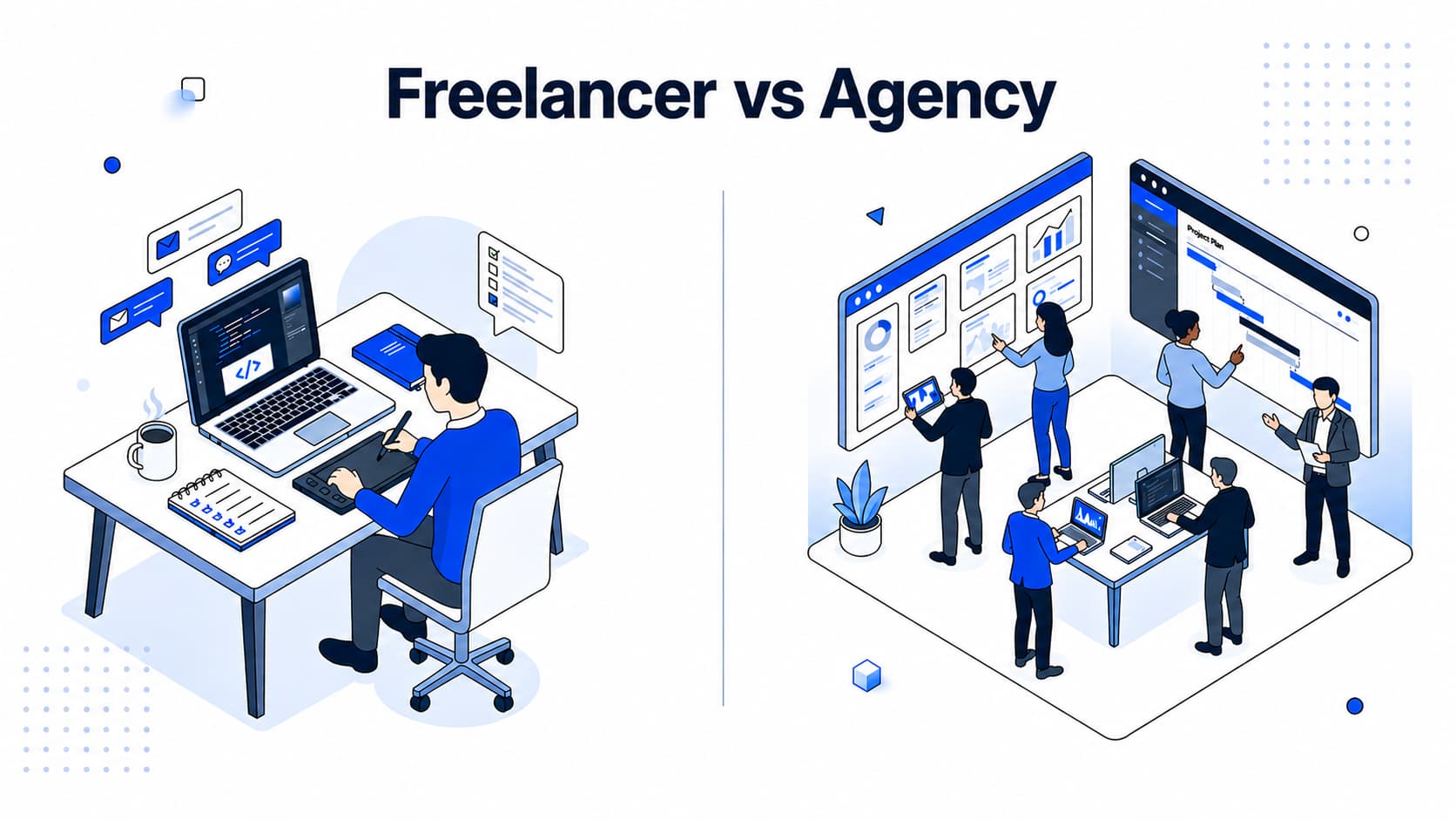 Freelancer vs Agency comparison illustration showing an independent professional working solo alongside a collaborative team managing projects, workflows, and client deliverables.