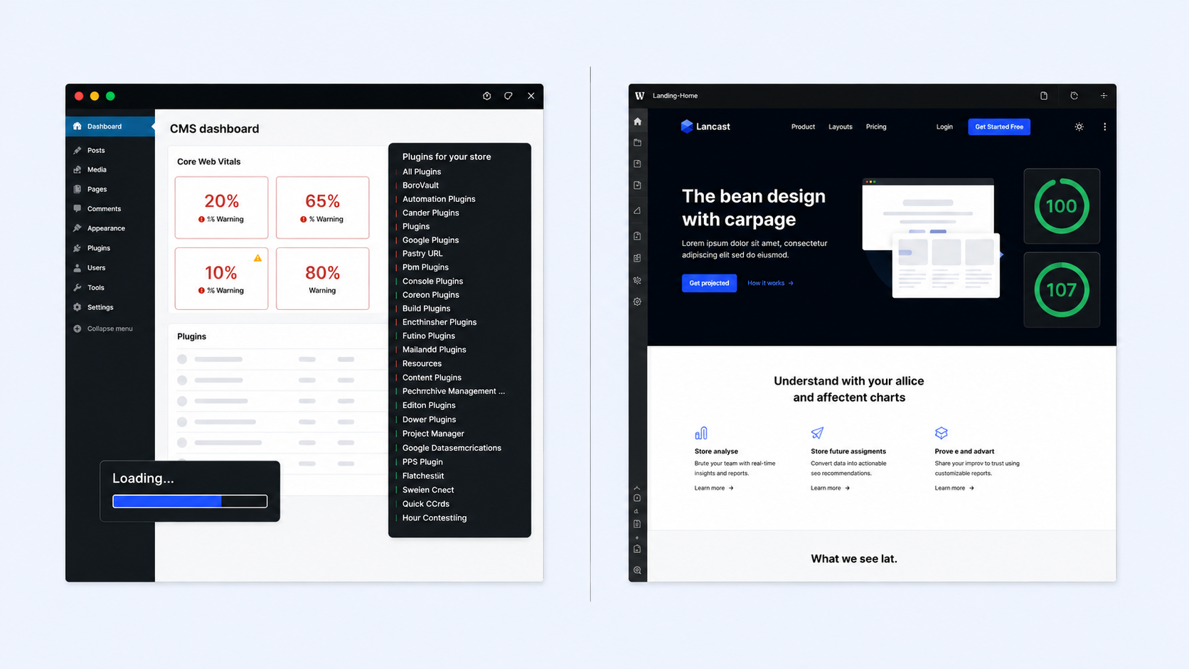 Side-by-side website platform comparison highlighting CMS performance, content management, and conversion-focused landing page design.