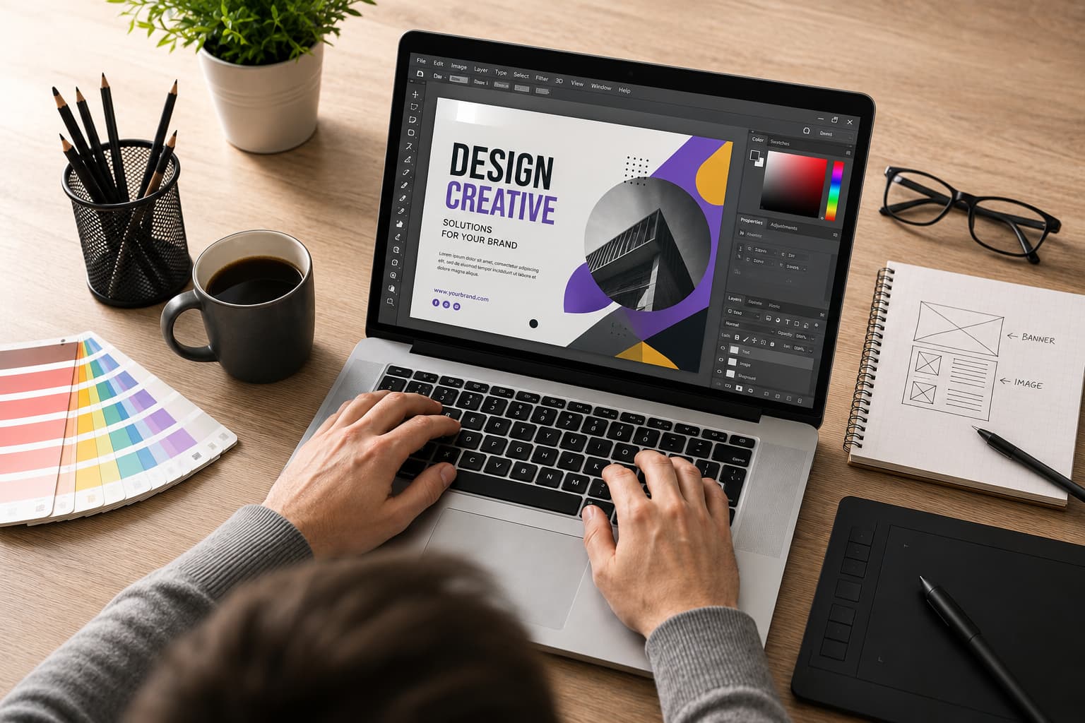 Modern graphic design workspace with a designer creating visual assets on a laptop, showcasing an unlimited graphic design service that delivers continuous, high-quality creative design solutions on demand.