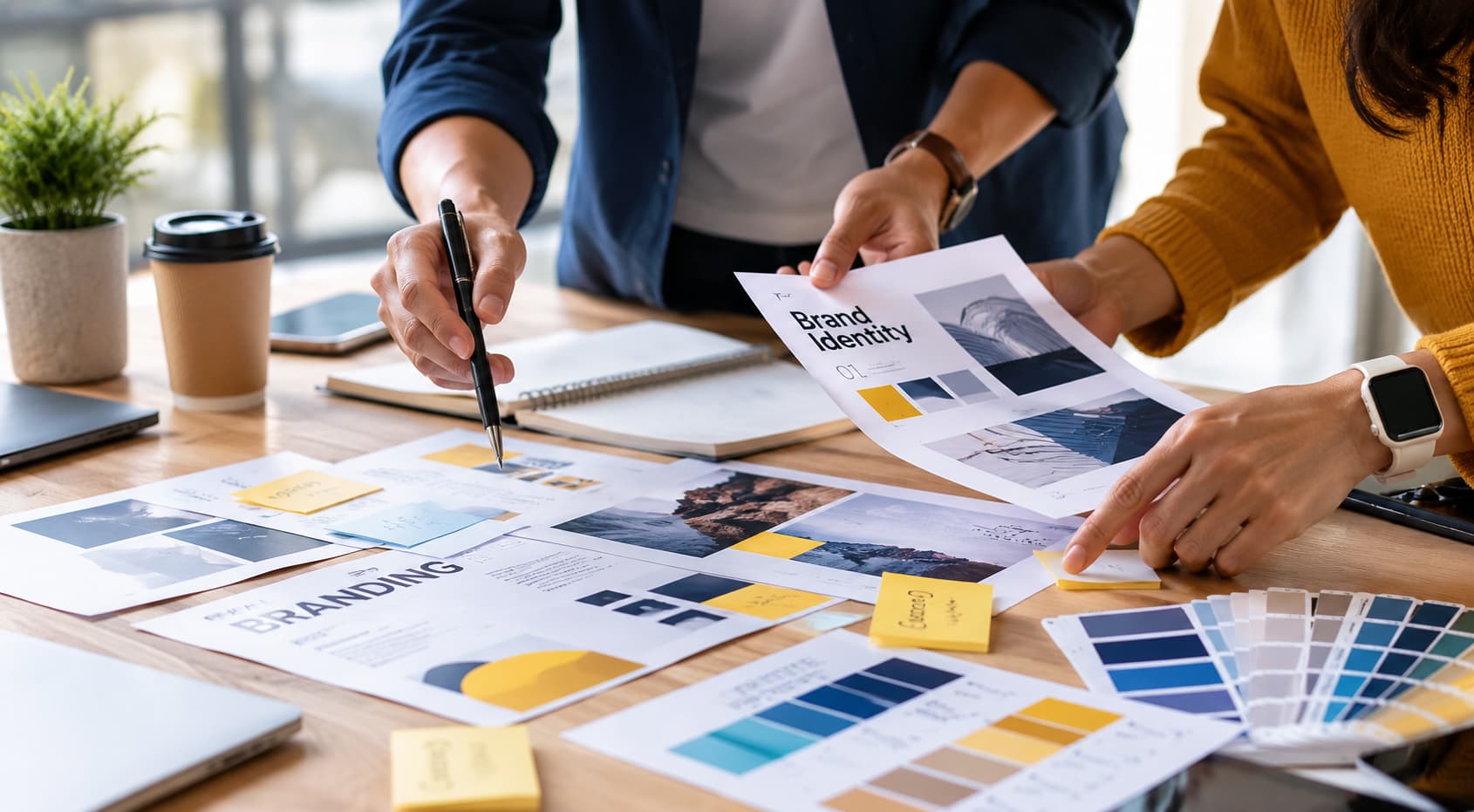 Branding team collaborating around a workspace filled with brand identity mockups, color palettes, strategy documents, and creative assets.