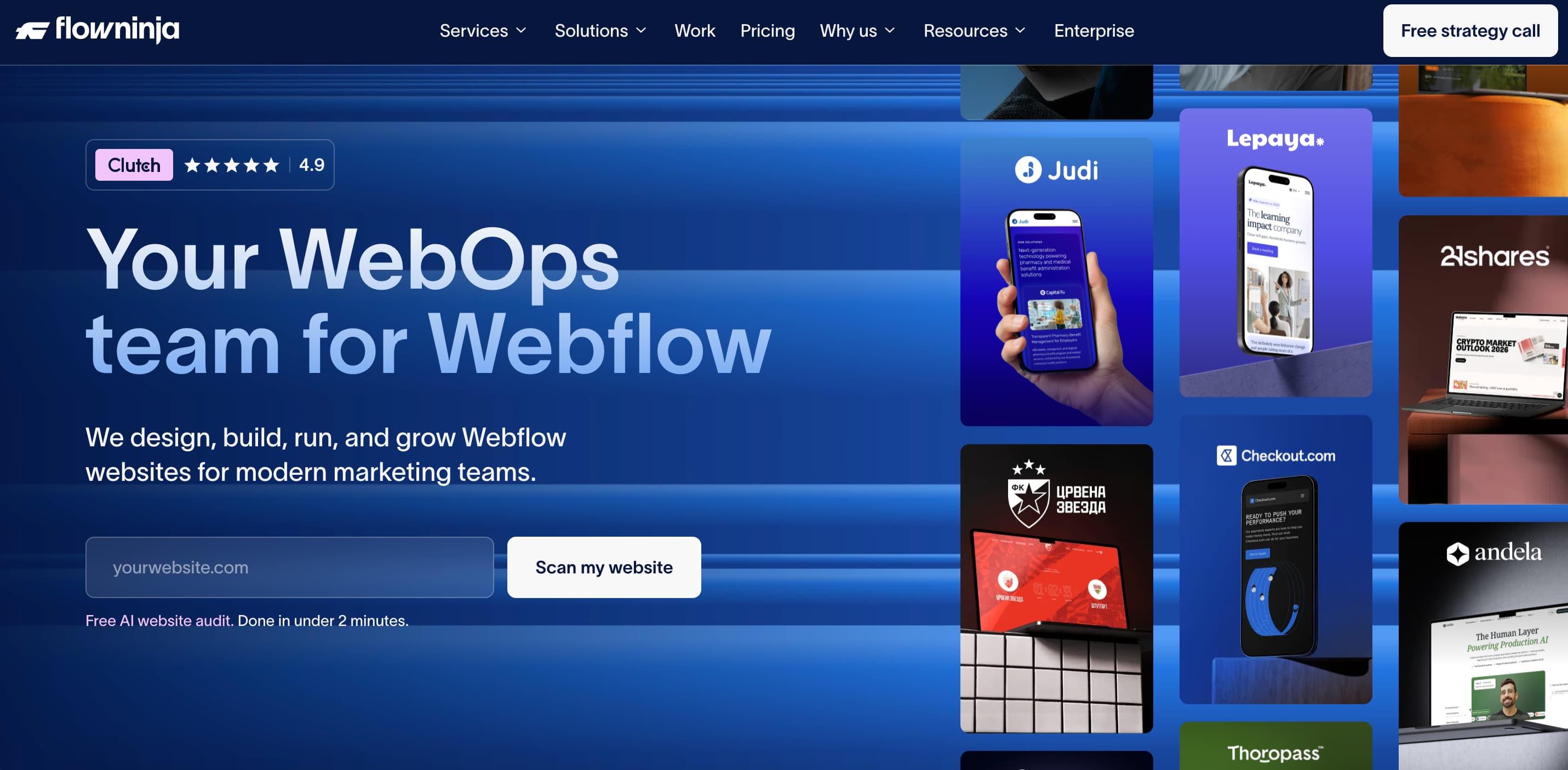 FlowNinja hero section showing a Webflow dashboard interface, representing dedicated WebOps support for managing and maintaining Webflow websites.