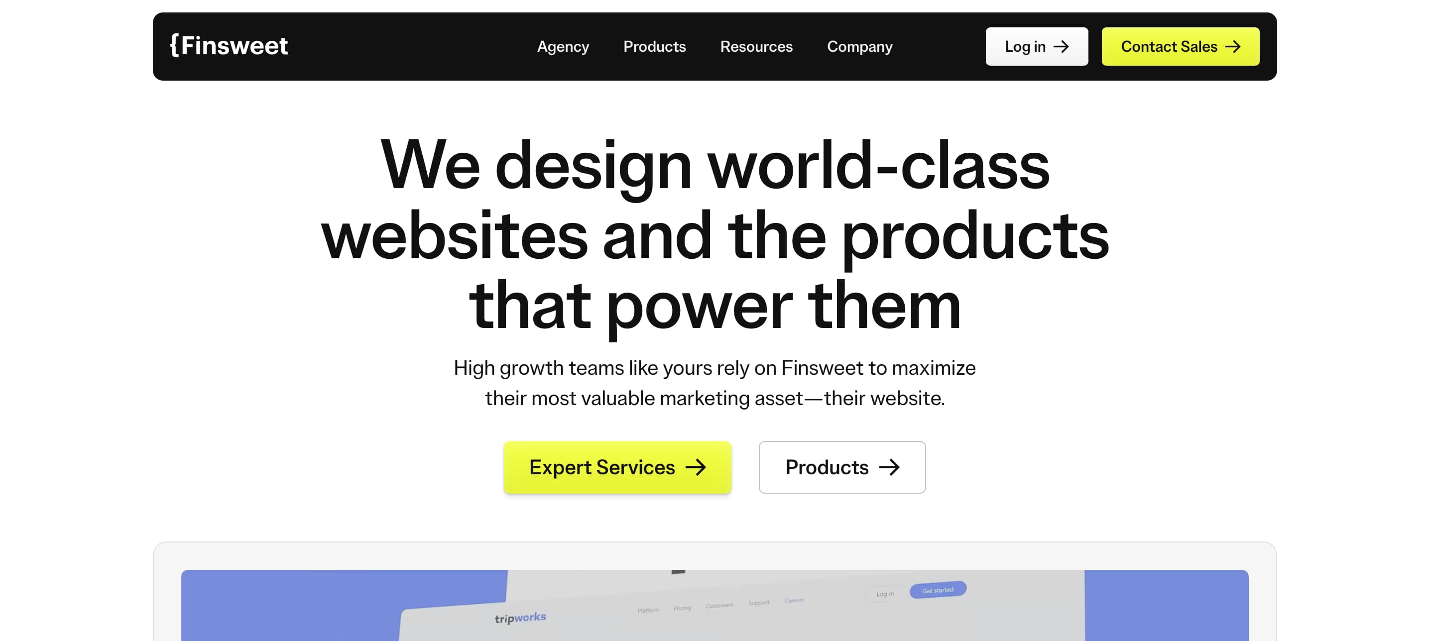 Finsweet hero section showcasing world-class website design and the custom tools and products that power them.