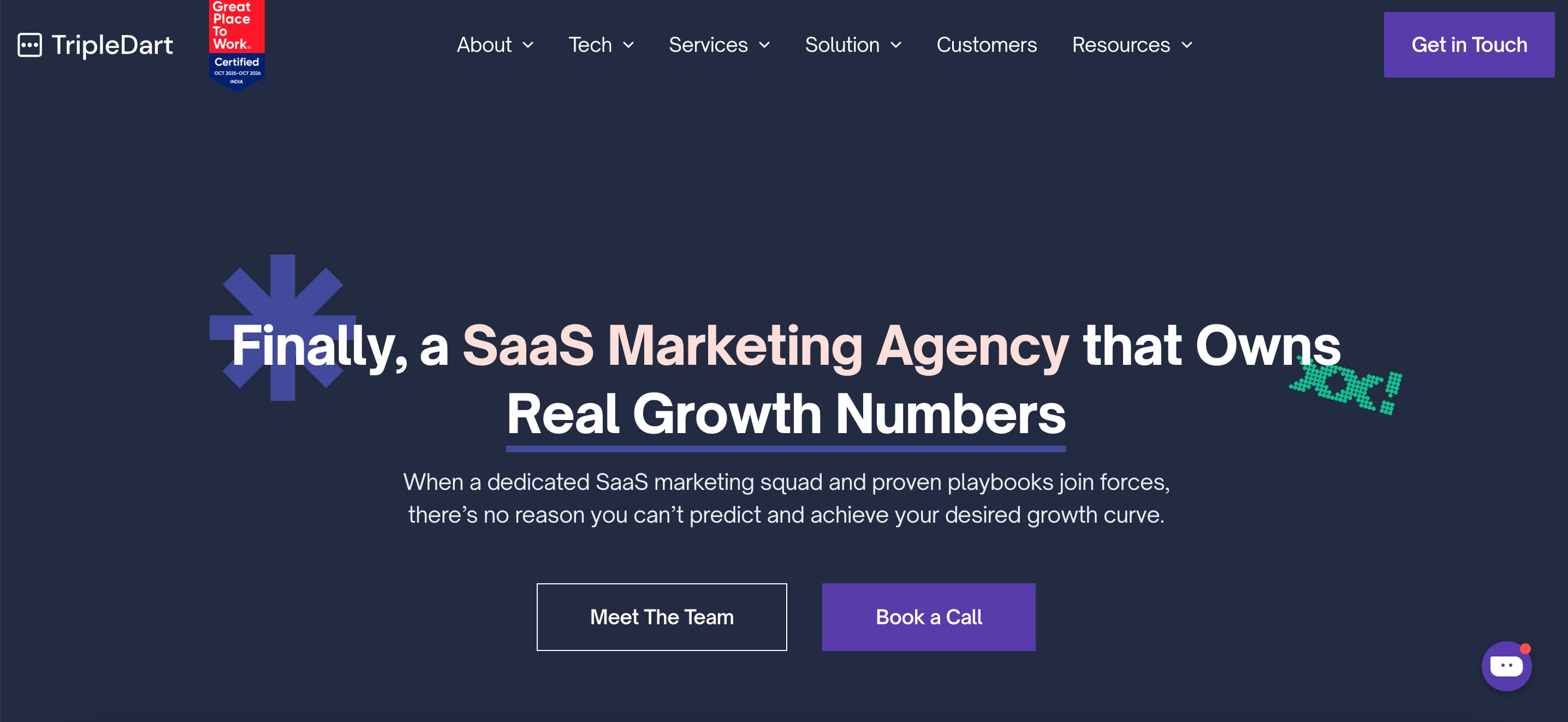 Tripledart hero section highlighting their work as a SaaS marketing agency focused on driving measurable, owned growth numbers.