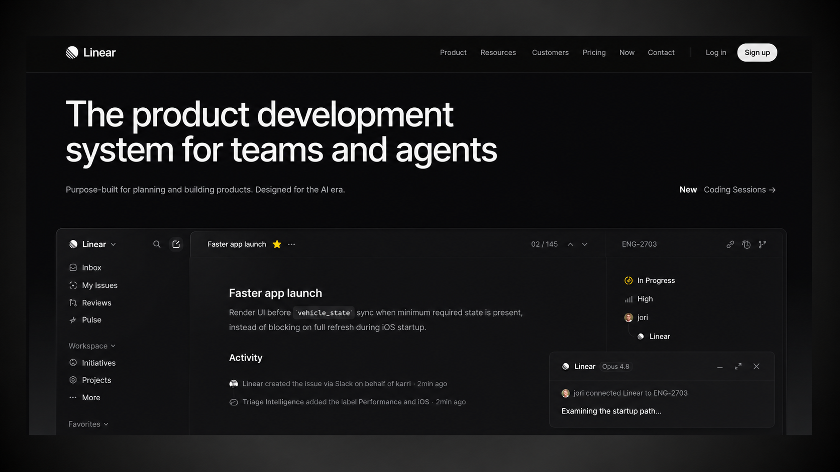 An Image of Linear featuring headline "The Product Development System for Teams and Agents."