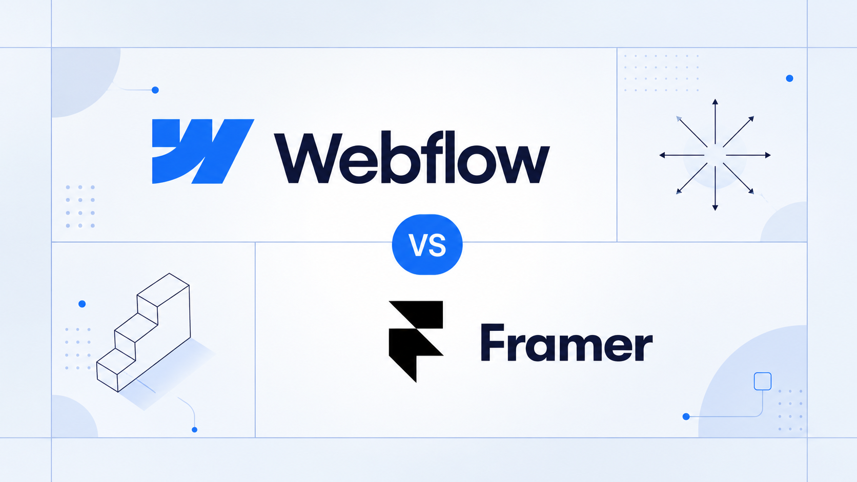 Image showing a clean side-by-side comparison of Webflow and Framer in a modern editorial layout with a centered "VS" badge.