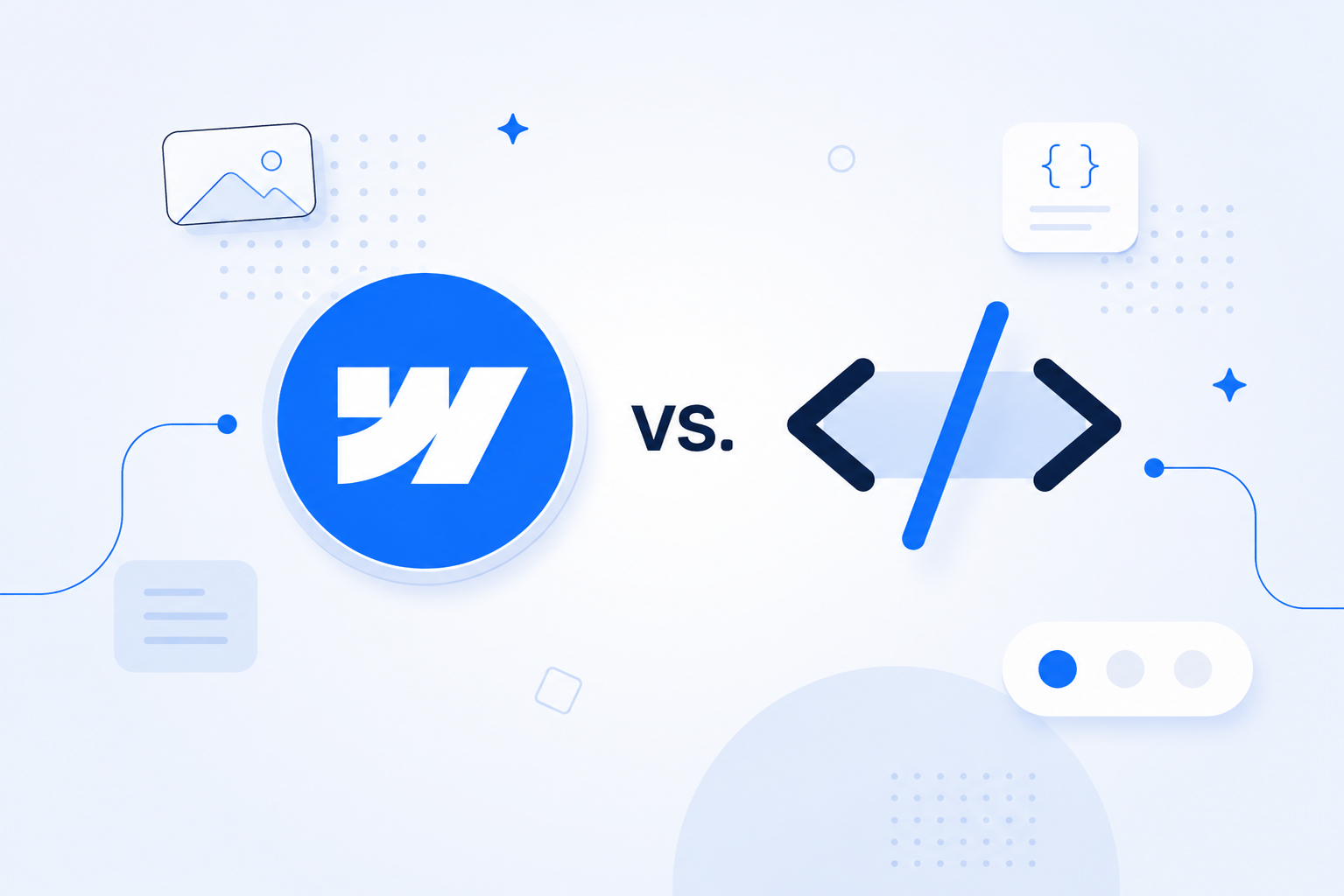Image showing a clean comparison between Webflow and custom coding with a centered "VS" on a light blue editorial background.