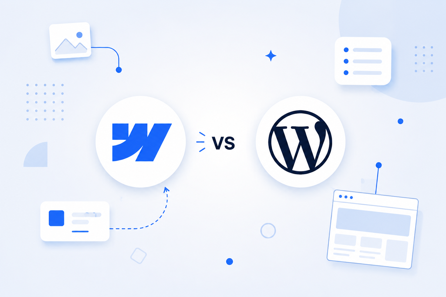 Image showing a clean comparison between Webflow and WordPress with a centered "VS" on a light blue editorial background.