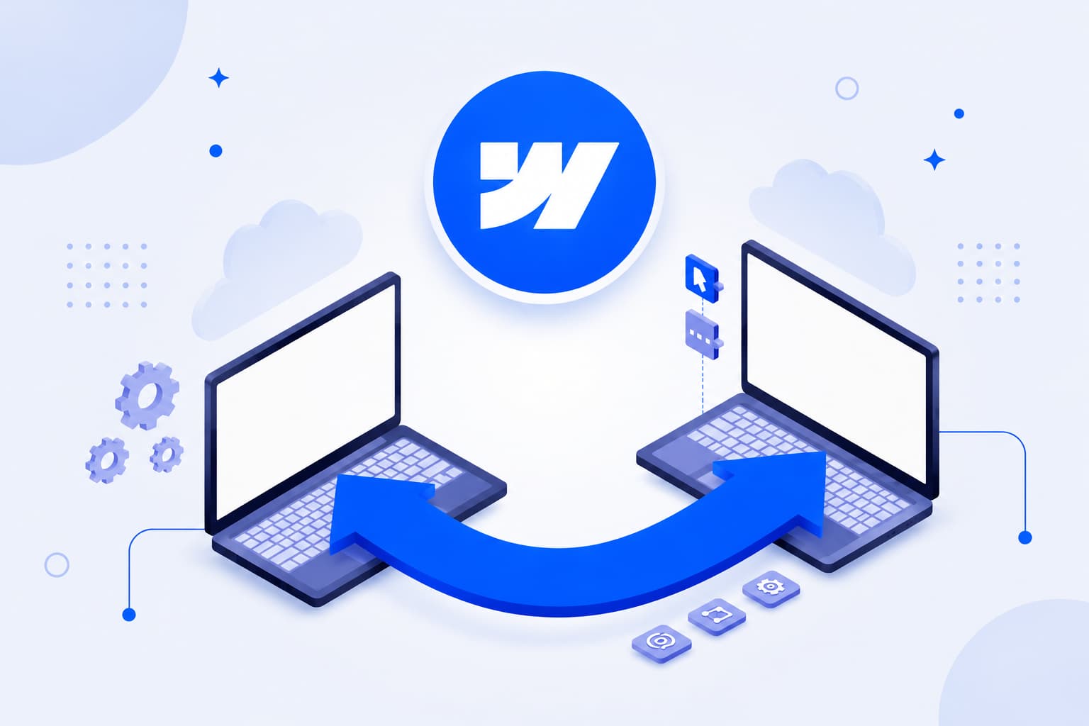 Image showing two laptops connected by a large curved arrow with the Webflow logo centered above, symbolizing a seamless website migration.