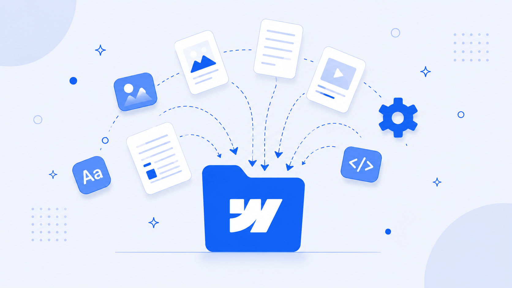 Image showing a Webflow folder receiving website assets, documents, media, and code files through curved migration paths.