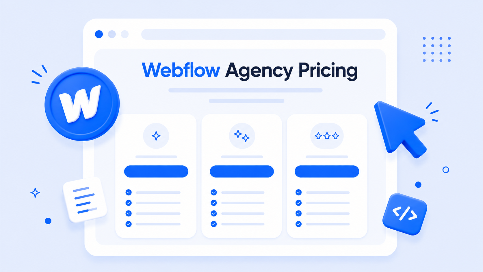 Webflow agency pricing illustration featuring a modern pricing dashboard with Webflow-inspired 3D elements, interactive UI cards, and clean SaaS design aesthetics.