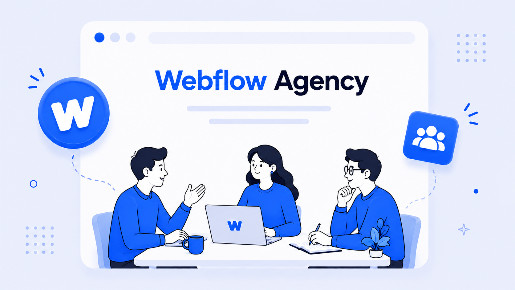 A clean, modern Webflow agency illustration showing three team members collaborating around a laptop inside a minimalist browser-style interface.