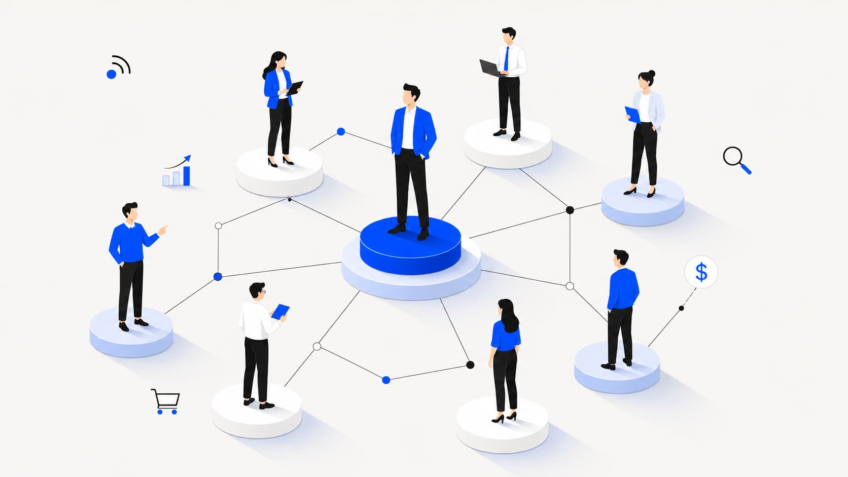 Illustration showing interconnected professionals collaborating within online communities, highlighting digital networking, knowledge sharing, and business relationships.