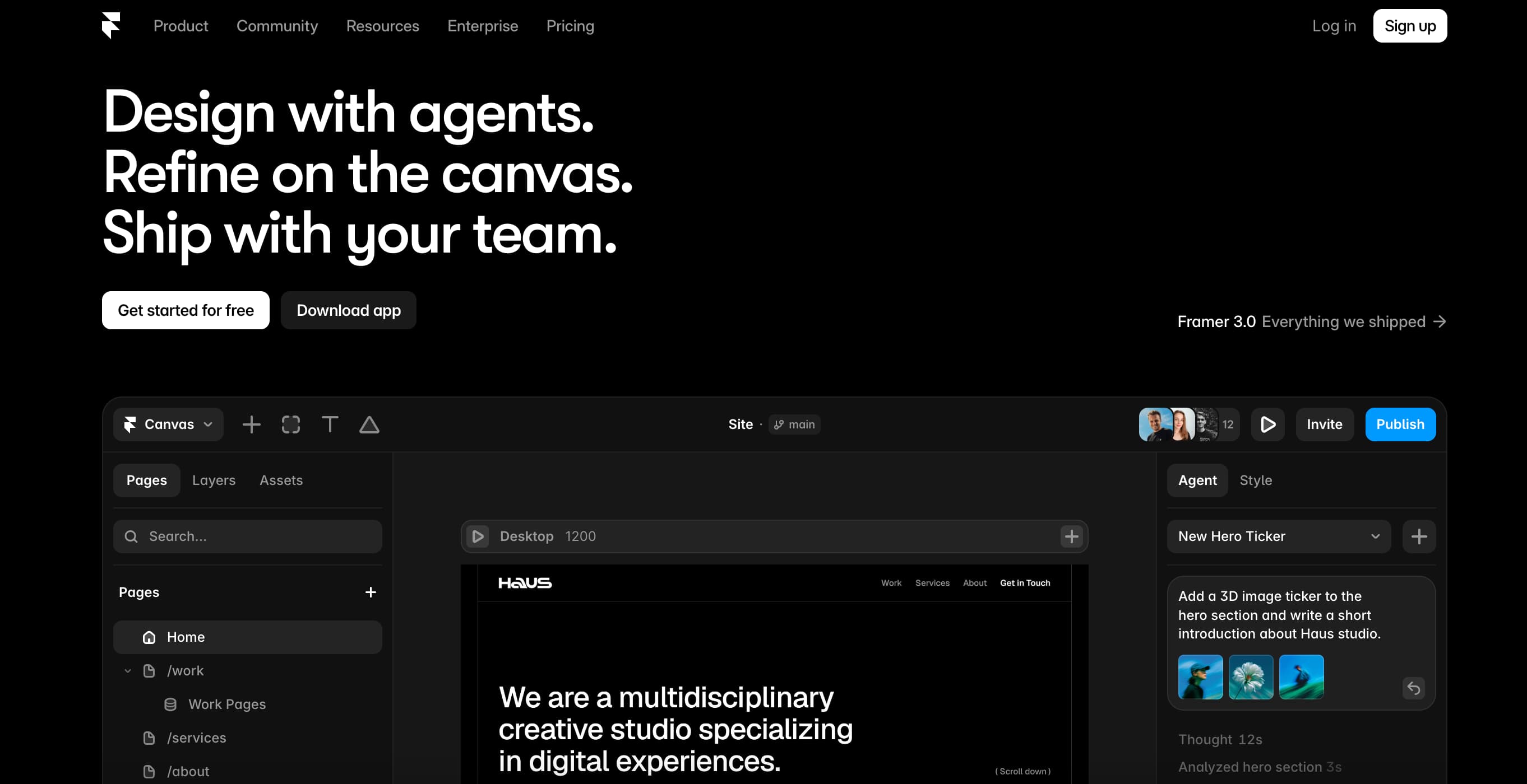 Image showing the Framer homepage featuring the headline "Design with Agents. Refine on the Canvas. Ship with Your Team."