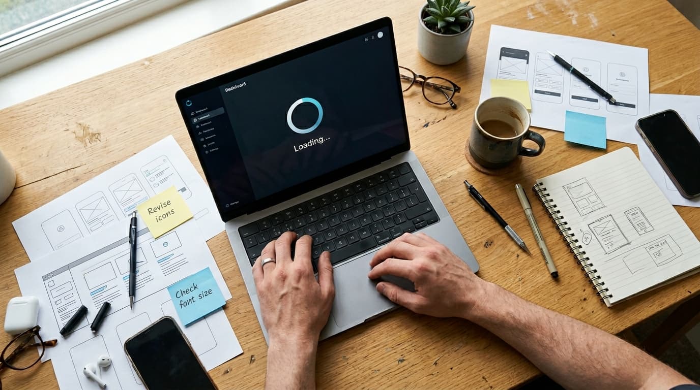 Person working on a laptop while a website loads with a buffering icon on the screen.