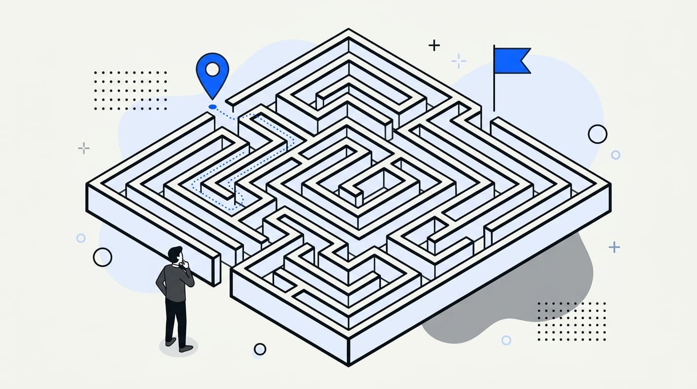 Illustration of a person navigating a maze to reach the finish, representing a complex customer journey.
