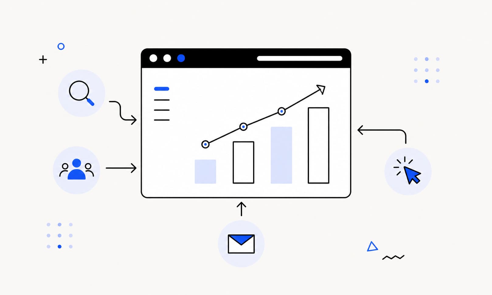 Minimalist illustration showing website traffic sources feeding into a growing analytics dashboard, including search, email, communities, and direct traffic channels.
