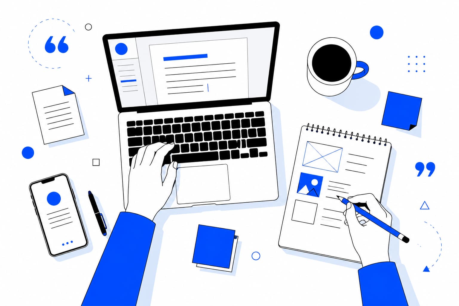 Modern flat-vector illustration of a SaaS copywriting workspace with a laptop, notepad, and creative planning tools arranged in a clean top-down layout.