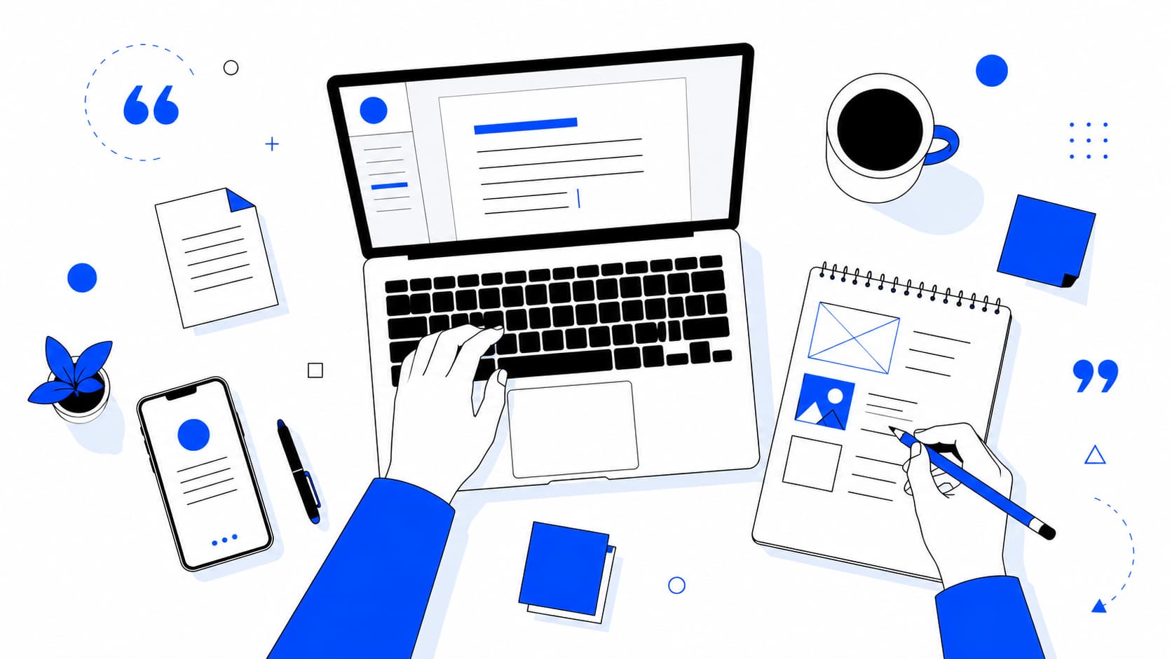 Modern flat-vector illustration of a SaaS copywriting workspace with a laptop, notepad, and creative planning tools arranged in a clean top-down layout.