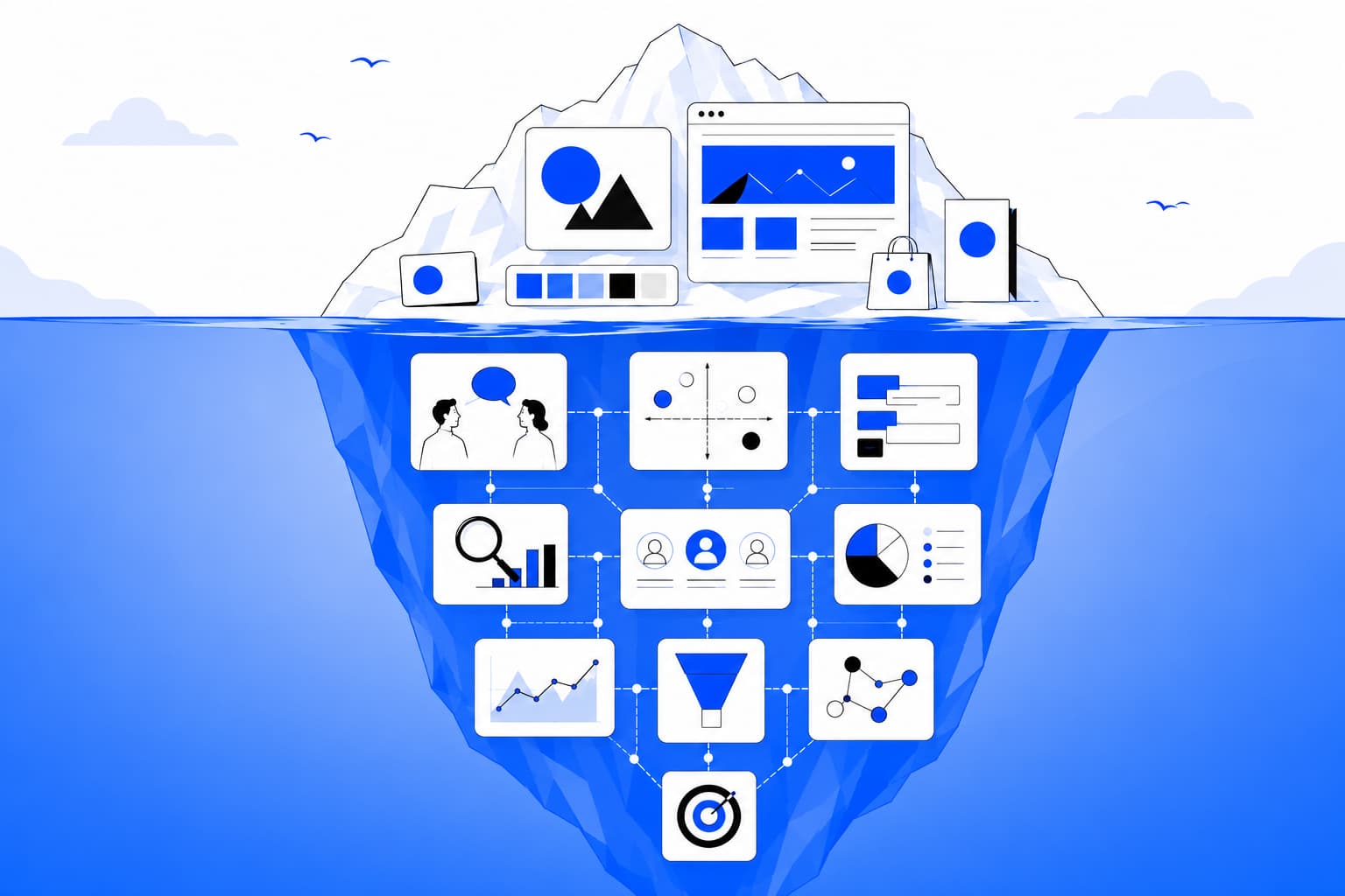 Editorial flat-vector iceberg illustration showing that successful B2B branding agencies are built on deep strategy beneath the surface, not just polished visual identity.
