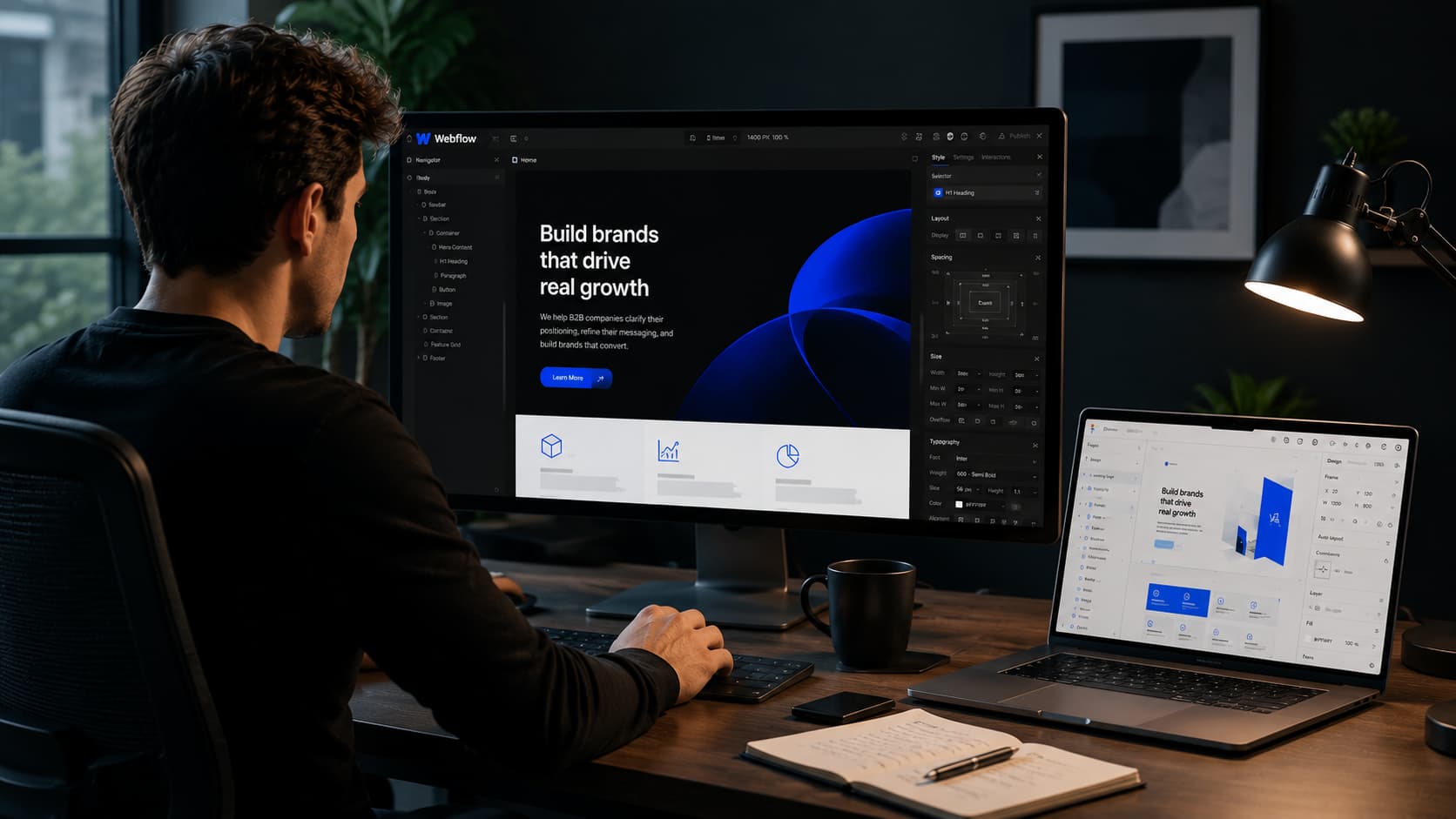 Image showing a Webflow developer working at a modern desk with a Webflow project open on a desktop monitor and a Figma design displayed on a laptop.