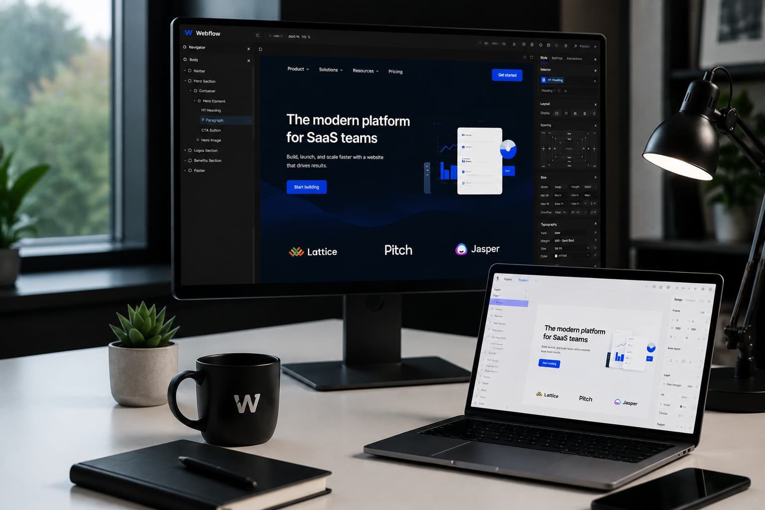 Image showing a modern workspace with a desktop monitor displaying a Webflow project and a laptop showing a Figma design, surrounded by a coffee mug, notebook, and desk plant.