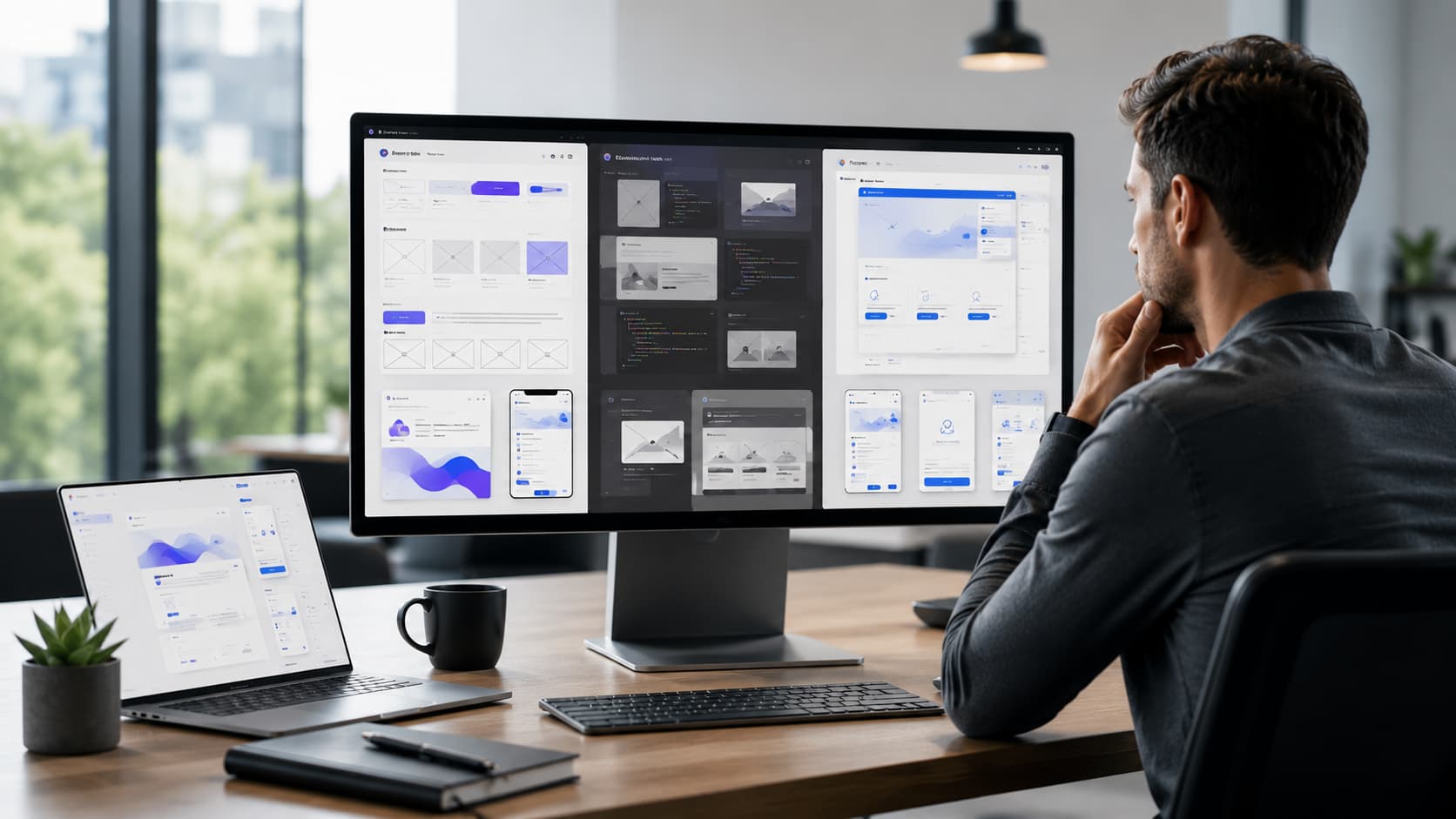 Image showing a hiring manager reviewing multiple web design and development projects across a desktop monitor and laptop in a modern office.