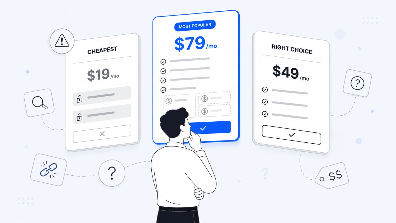 Image showing a B2B buyer comparing multiple pricing plans while evaluating hidden costs, locked features, and overall value before making a decision.