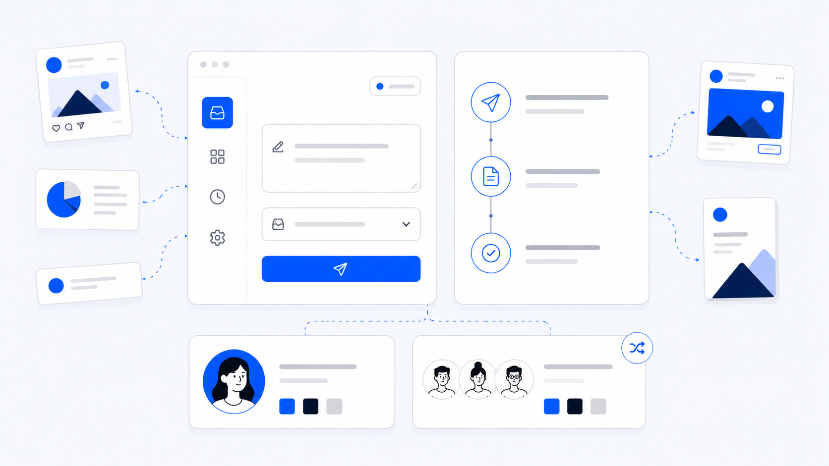 Image showing a graphic design subscription workflow with a design request form, project timeline, and creative asset previews in a clean SaaS interface.