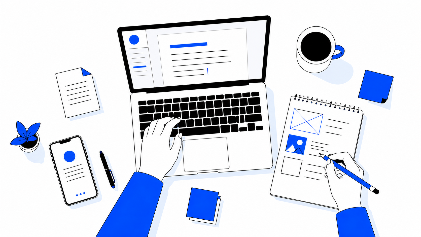 Modern flat-vector illustration of a SaaS copywriting workspace with a laptop, notepad, and creative planning tools arranged in a clean top-down layout.